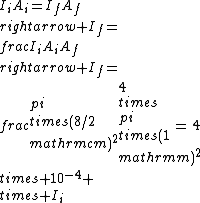 I_iA_i=I_fA_f\\rightarrow I_f=\\frac{I_iA_i}{A_f}\\rightarrow I_f=\\frac{\\pi\\times(8/2\\mathrm{cm})^2}{4\\times\\pi\\times(1\\mathrm{m})^2}=4\\times 10^{-4} \\times I_i