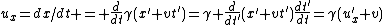 u_x=dx/dt = \frac{d}{dt}\gamma(x'+vt')=\gamma \frac{d}{dt'}(x'+vt')\frac{dt'}{dt}=\gamma(u_x^{'}+v)