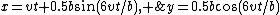 $x=vt+0.5b\sin(6vt/b), \;\;y=0.5b\cos(6vt/b)$