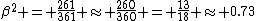 \beta^2 = \frac{261}{361} \approx \frac{260}{360} = \frac{13}{18} \approx 0.73