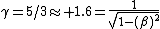 \gamma=5/3\approx 1.6=\frac{1}{\sqrt{1-(\beta)^2}}