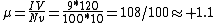 \mu=\frac{IV}{Nv}=\frac{9*120}{100*10}=108/100\approx 1.1