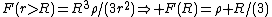 F(r>R)=R^3\rho/(3r^2)\Rightarrow F(R)=\rho R/(3)