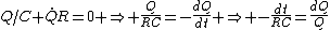 Q/C+\dot{Q}R=0 \Rightarrow \frac{Q}{RC}=-\frac{dQ}{dt} \Rightarrow -\frac{dt}{RC}=\frac{dQ}{Q}