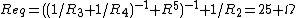 R_{eq}=((1/R_3+1/R_4)^{-1}+R^5)^{-1}+1/R_2=25 \Omega