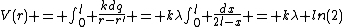 V(r) = \int_0^l \frac{kdq}{r-r'} = k\lambda\int_0^l \frac{dx}{2l-x} = k\lambda ln(2)