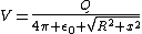 V=\frac{Q}{4\pi \epsilon_0 \sqrt{R^2+x^2}}